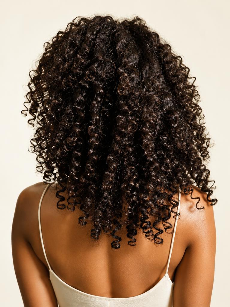 Voluminous defined natural curls seen from behind