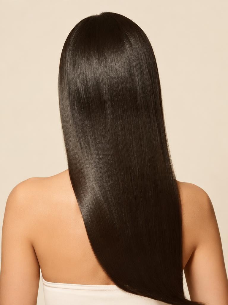 Sleek, glossy straight dark hair