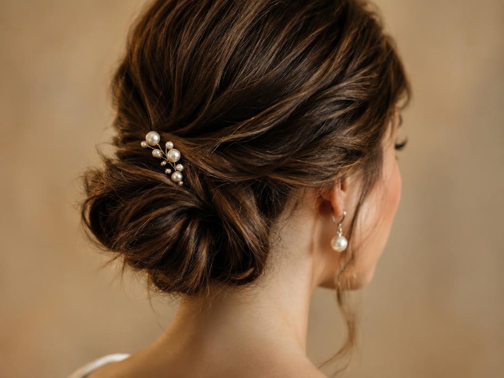 Low chignon updo with a pearl hair pin